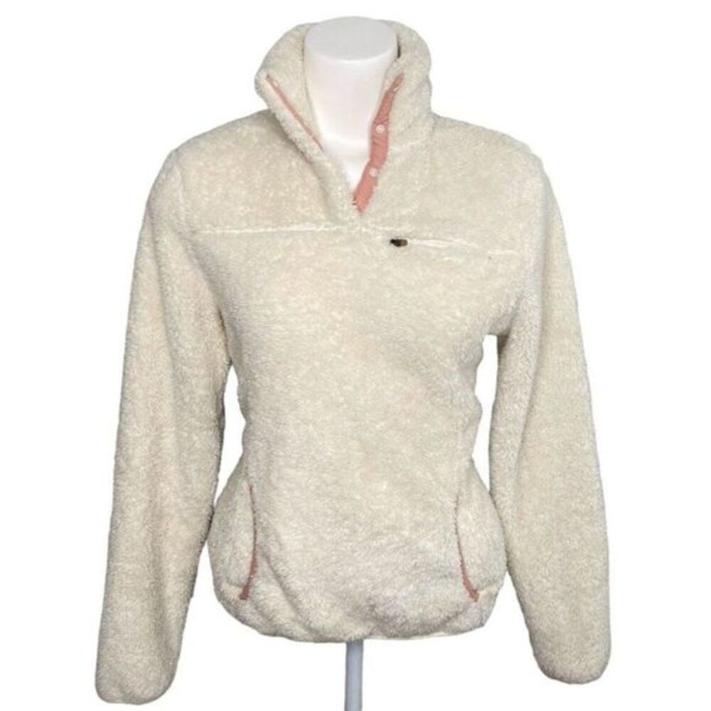 Eddie Bauer Fleece Pullover Jacket Women's‎ SMALL White Pink Soft Buttons Pocket